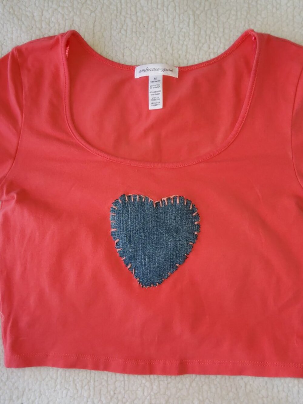 Denim Heart Appliqué Coral Cotton Crop Top Medium
